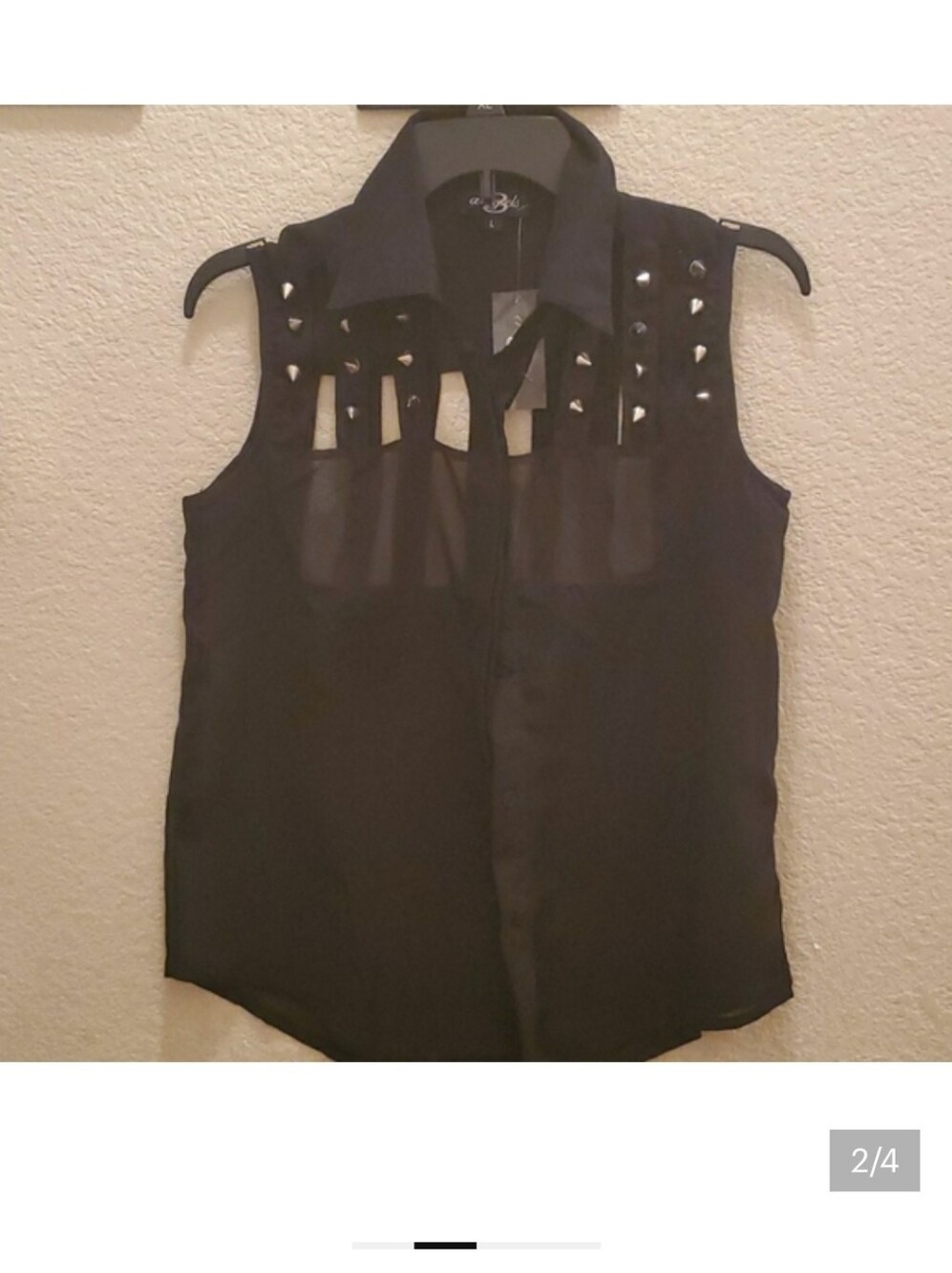 Black Cage Strap Studded Sleeveless Top Size L Edgy Cut-Out Punk